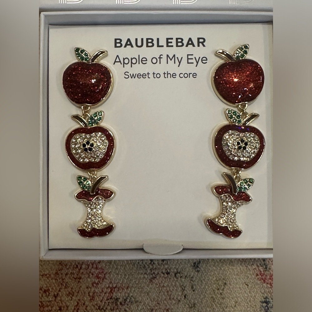 Baublebar Gold Tone Apple Of My Eye Linear Stacked Apple Drop Earrings Crystal